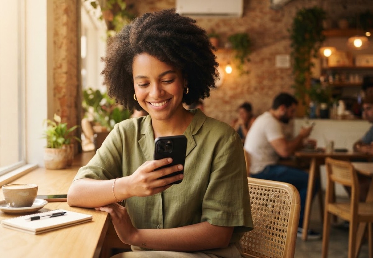 Mulher sorrindo enquanto usa o app no celular em um café