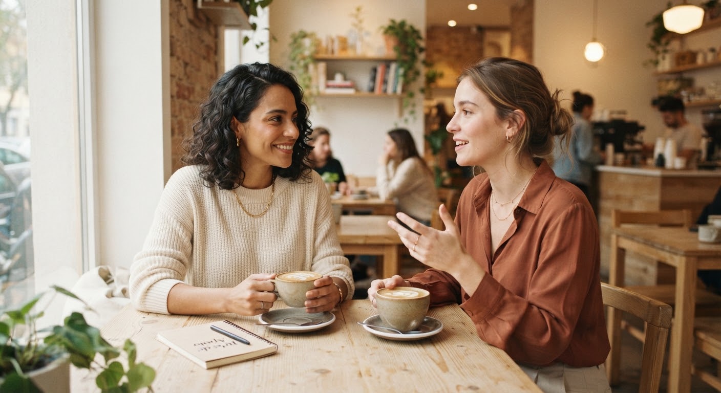 Duas mulheres conversando sobre xícaras de café em um café iluminado pela luz natural.