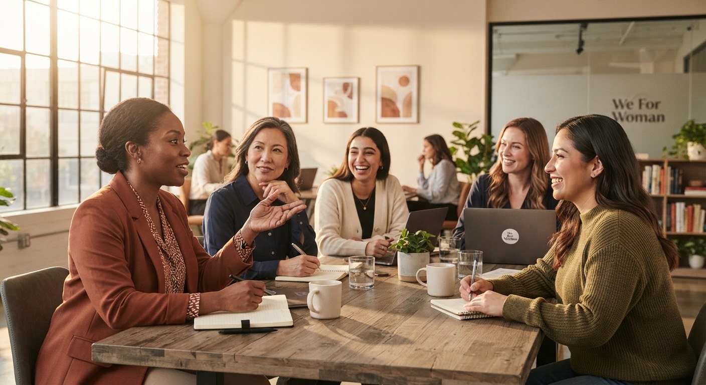 Cinco mulheres conversando ao redor de uma mesa de madeira em um escritório iluminado pela luz da tarde.