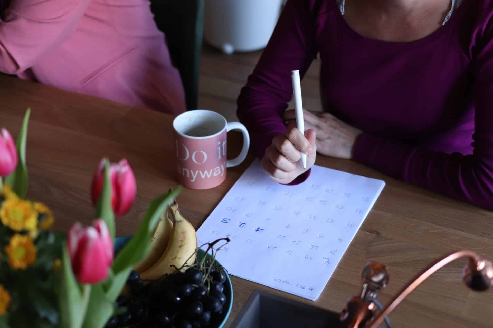 Vista de cima de duas mulheres à mesa, uma escrevendo em uma agenda ao lado de uma caneca e de um vaso de tulipas.