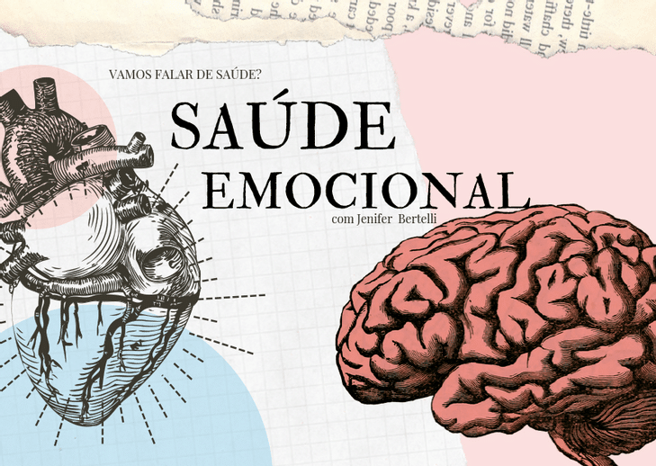 Ilustração da coluna Saúde Emocional, com um coração e um cérebro desenhados sobre recortes de papel.
