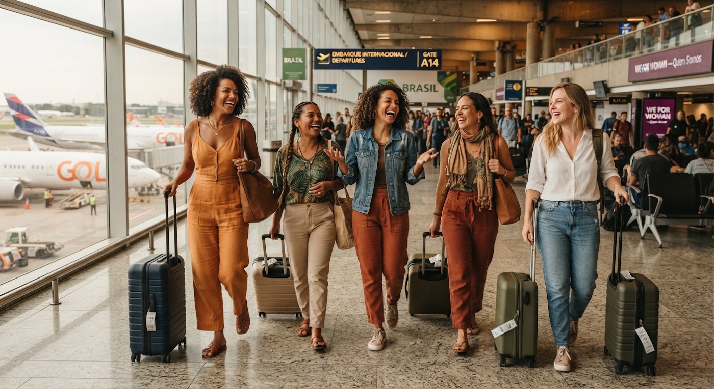 Grupo de mulheres reunidas durante uma viagem da comunidade.