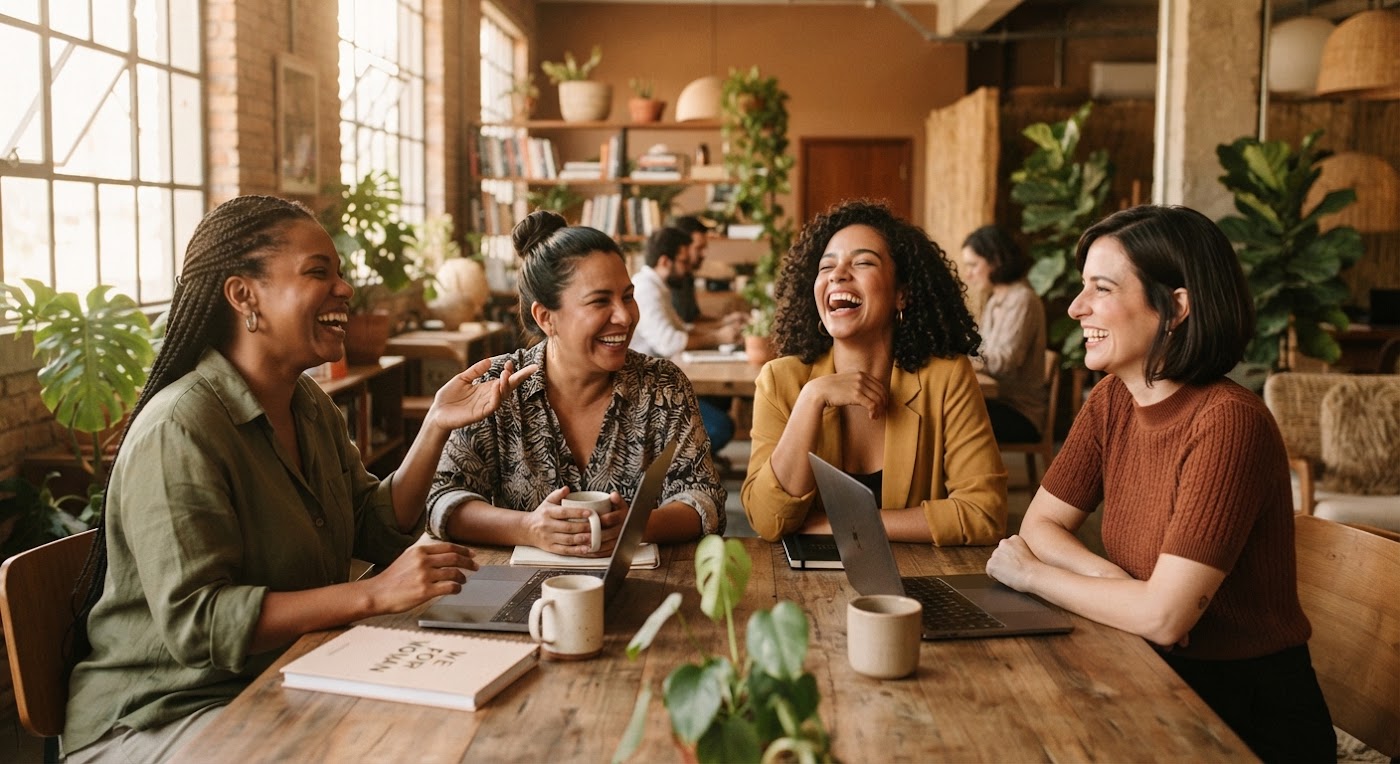 Fundadoras da We For Woman conversando em volta de uma mesa.