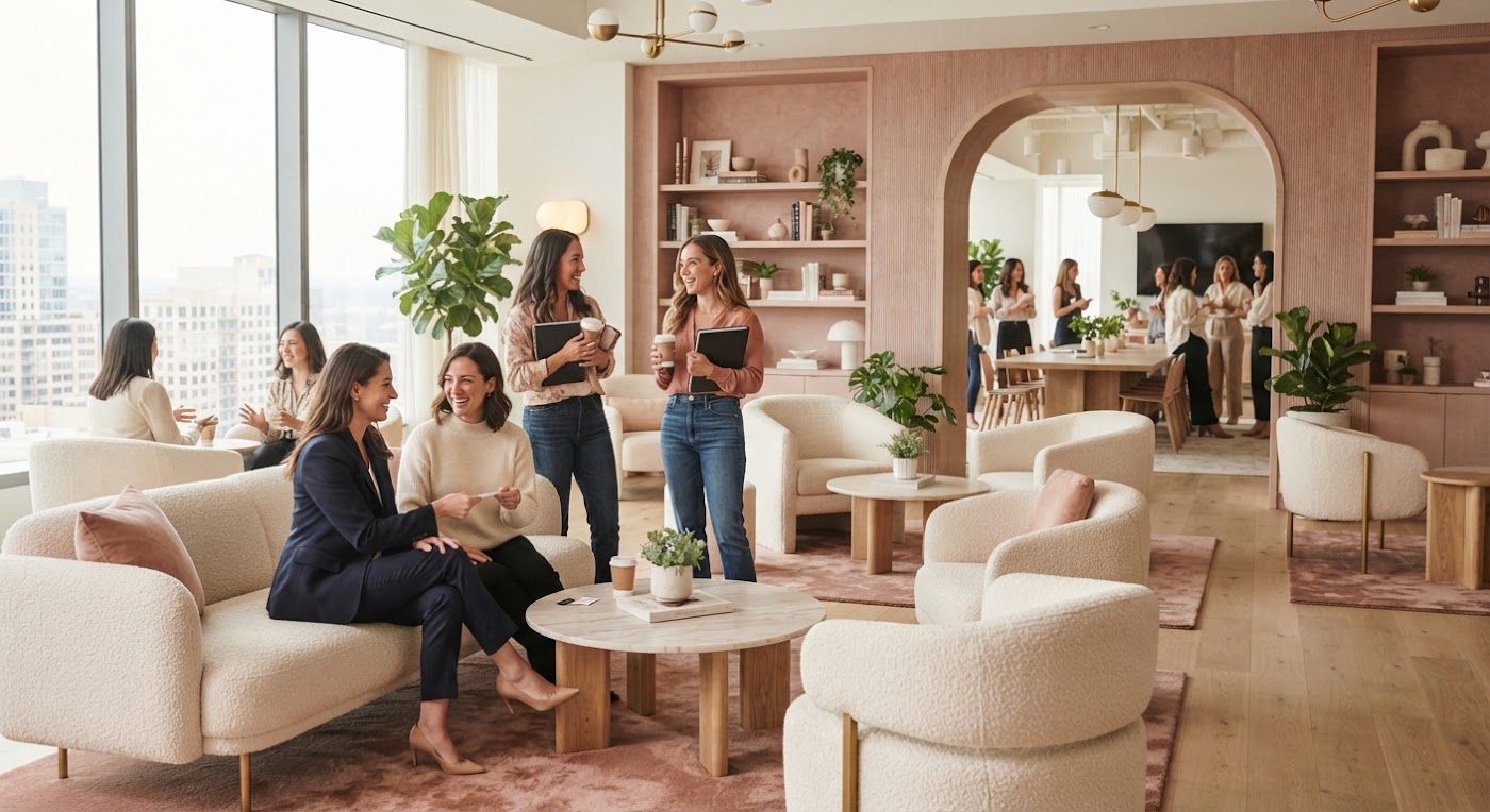 Interior do espaço físico do Woman’s Club, com poltronas claras e plantas.
