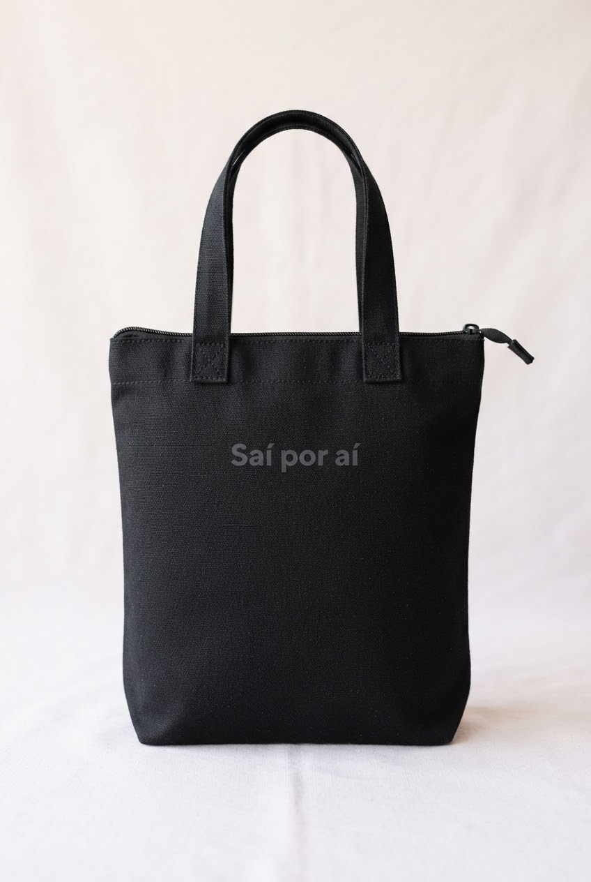 Bolsa de lona preta com alças curtas, zíper e a frase Saí por aí estampada em tom sobre tom.