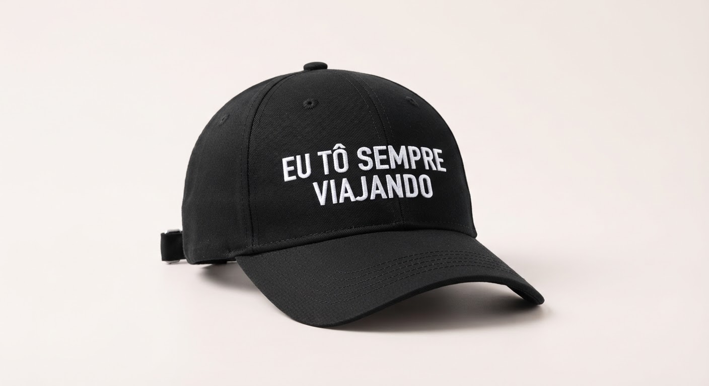 Boné preto com a frase EU TÔ SEMPRE VIAJANDO bordada em branco na frente.