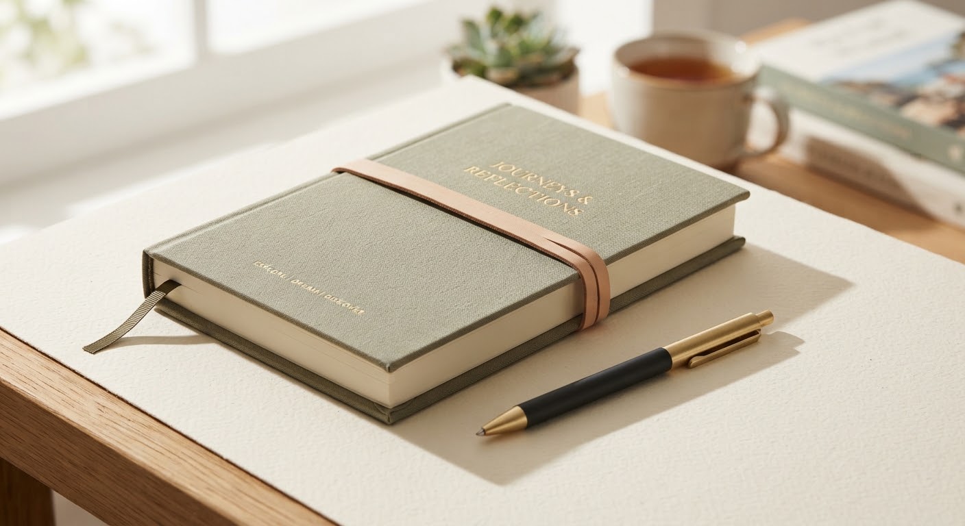 Caderno de capa dura verde-oliva com elástico, ao lado de uma caneta dourada sobre uma mesa de madeira.
