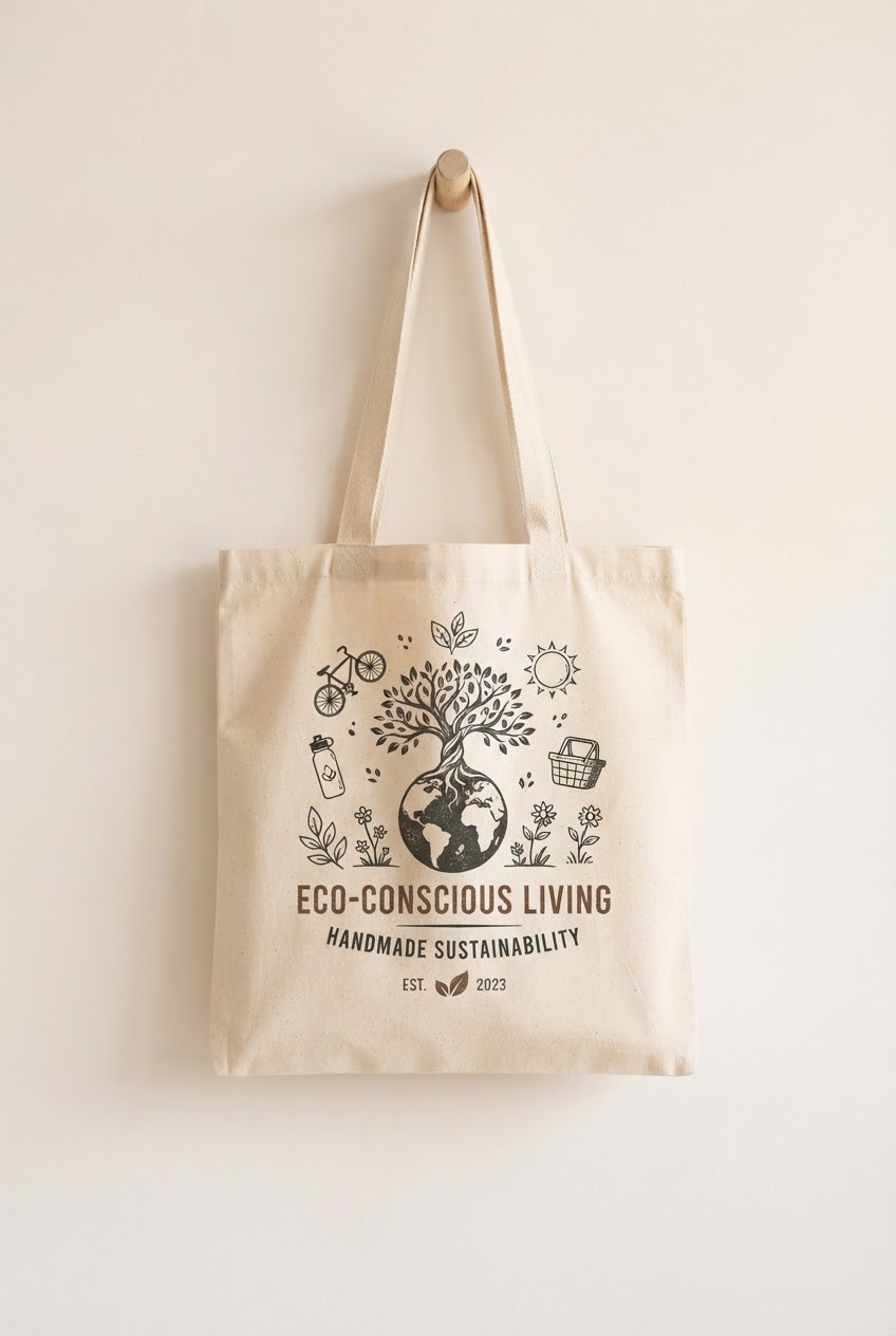 Ecobag de algodão cru pendurada em um gancho, com uma estampa de árvore e globo carimbada à mão.