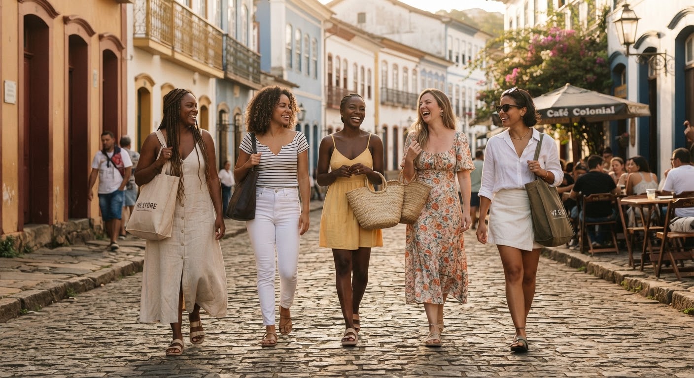 Mulheres caminhando juntas por uma rua de pedras no fim da tarde, com bolsas no ombro.